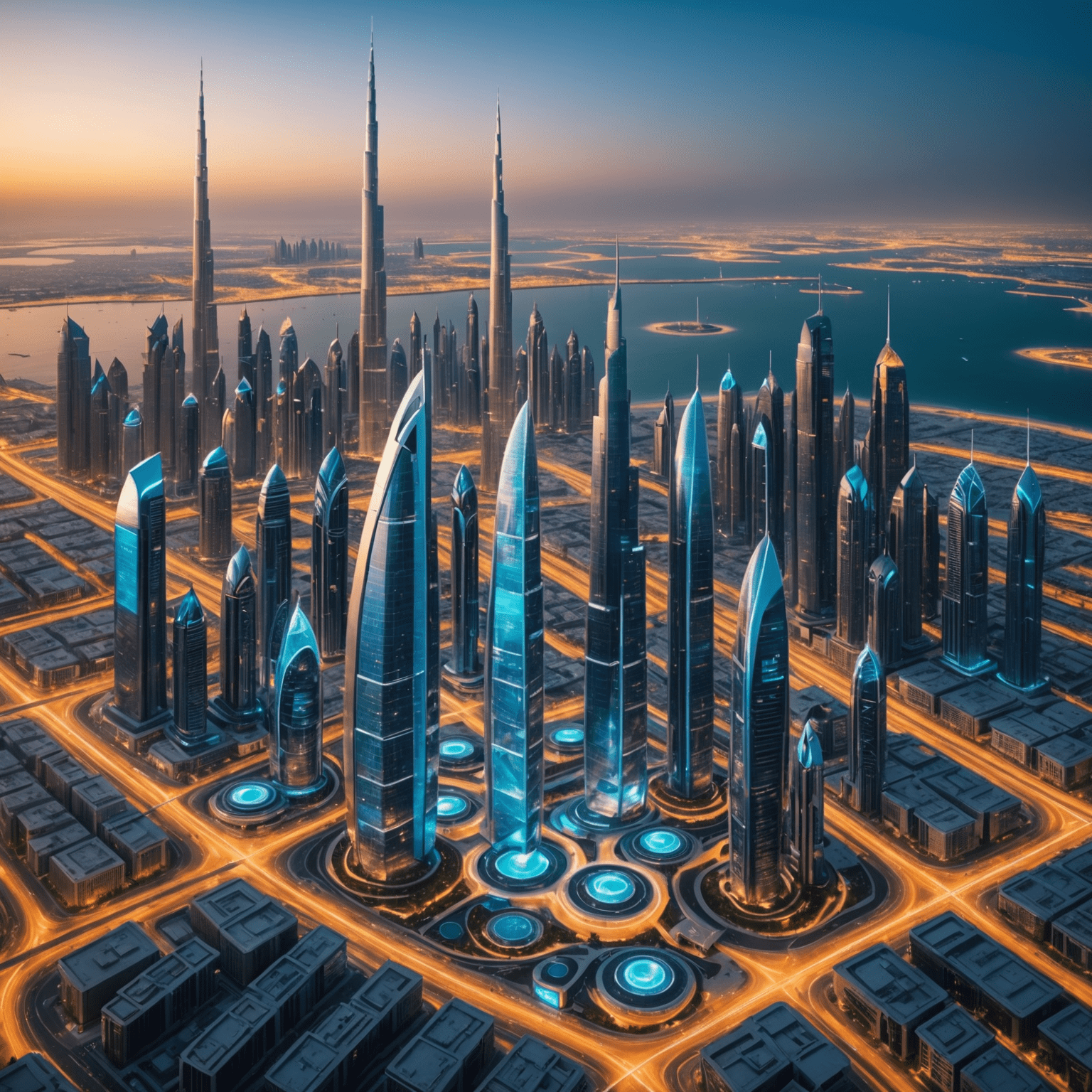 Futuristic cityscape of Dubai with 5G towers and holographic displays showing mobile recharge options