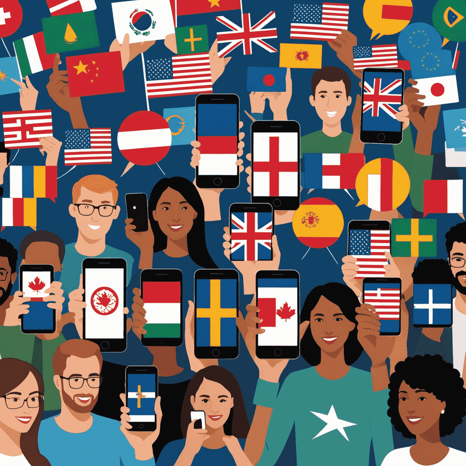 Illustration of a diverse group of people connected by mobile devices, symbolizing international communication. The image shows smartphones with flags of different countries, emphasizing the global reach of Dur's top-up service.