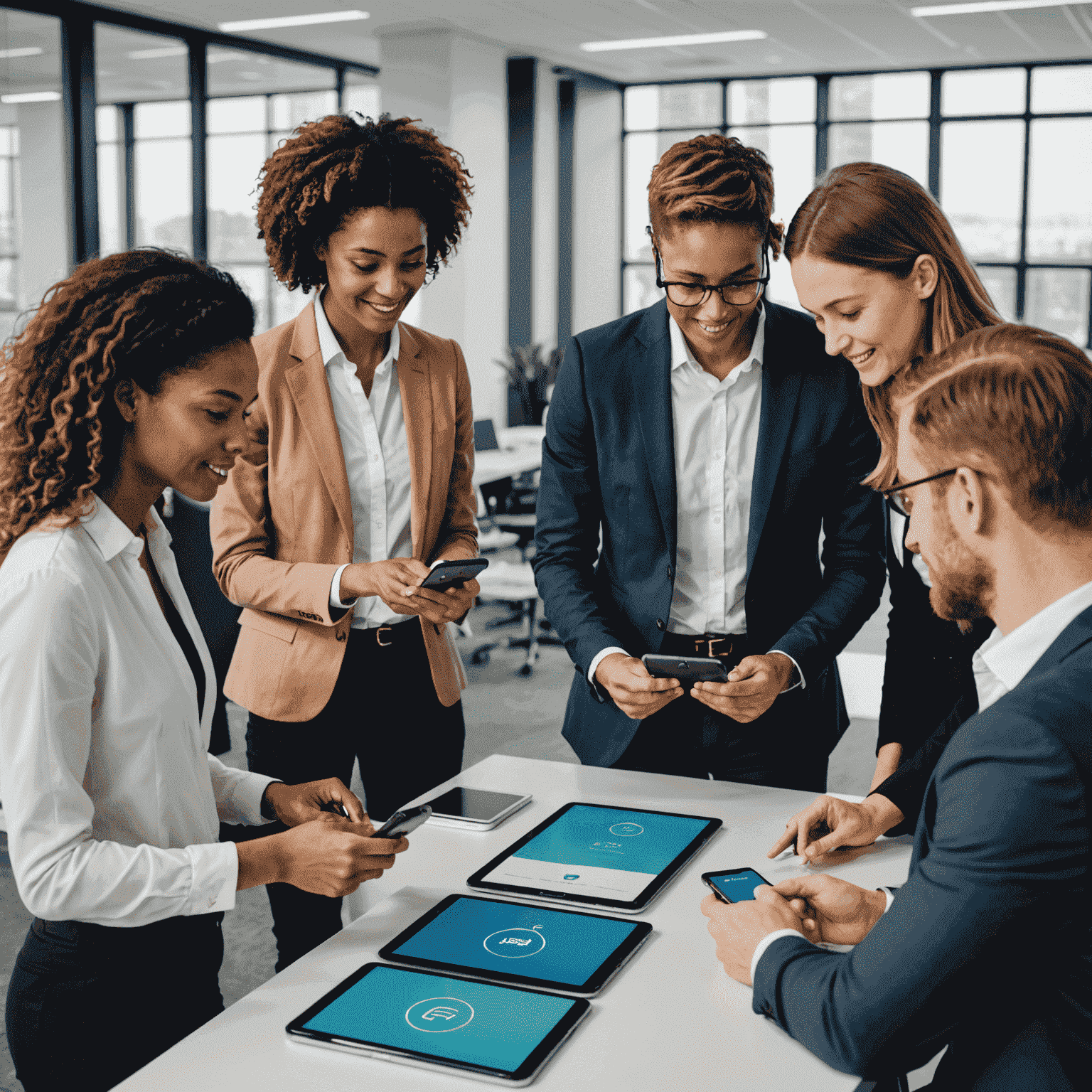 A modern office setting with employees using smartphones, showcasing Dur's corporate recharge solution in action. The image displays a diverse team gathered around a large touchscreen displaying the Dur app interface for corporate accounts.