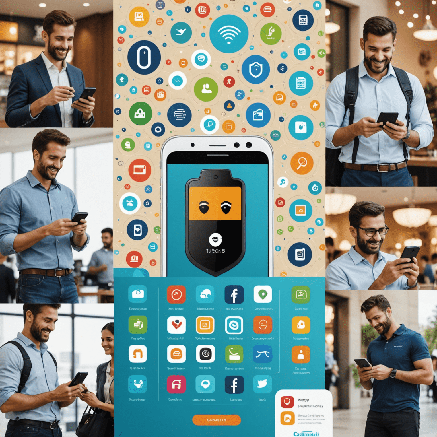A collage showing various security icons, a smartphone with the Dur app, and happy customers confidently using the service in different UAE locations