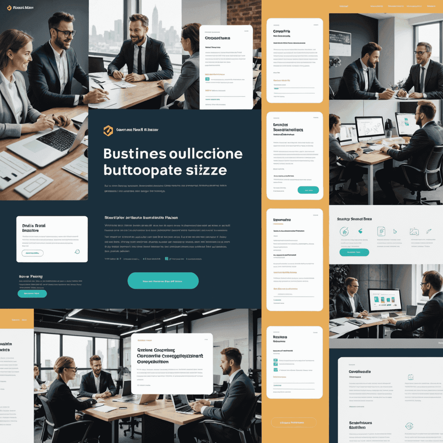 A split-screen image showing various business sizes from small startups to large corporations, with each section displaying a customized Dur corporate plan interface tailored to the specific business size and needs.