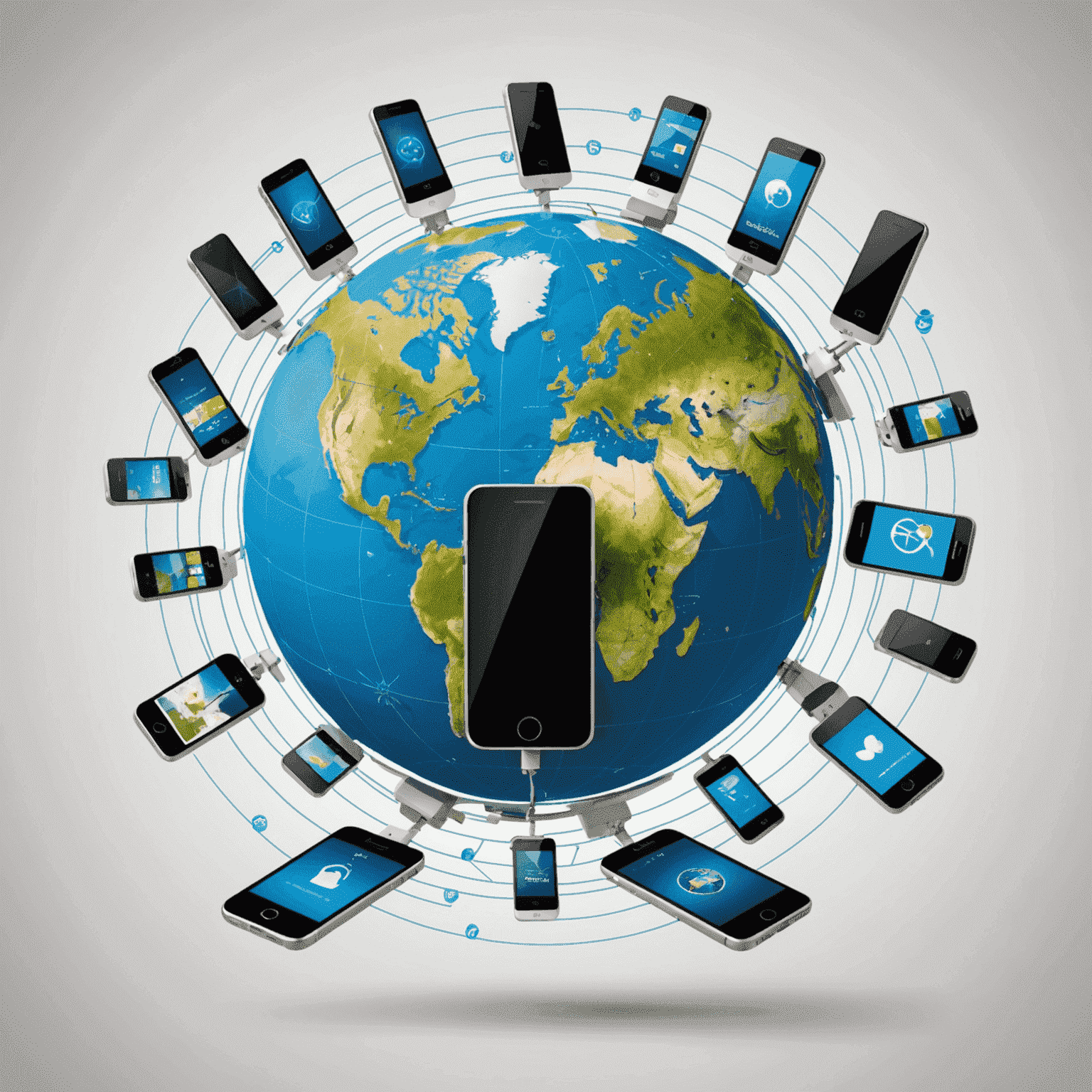 Globe with connecting lines and mobile phones, symbolizing international mobile credit transfer