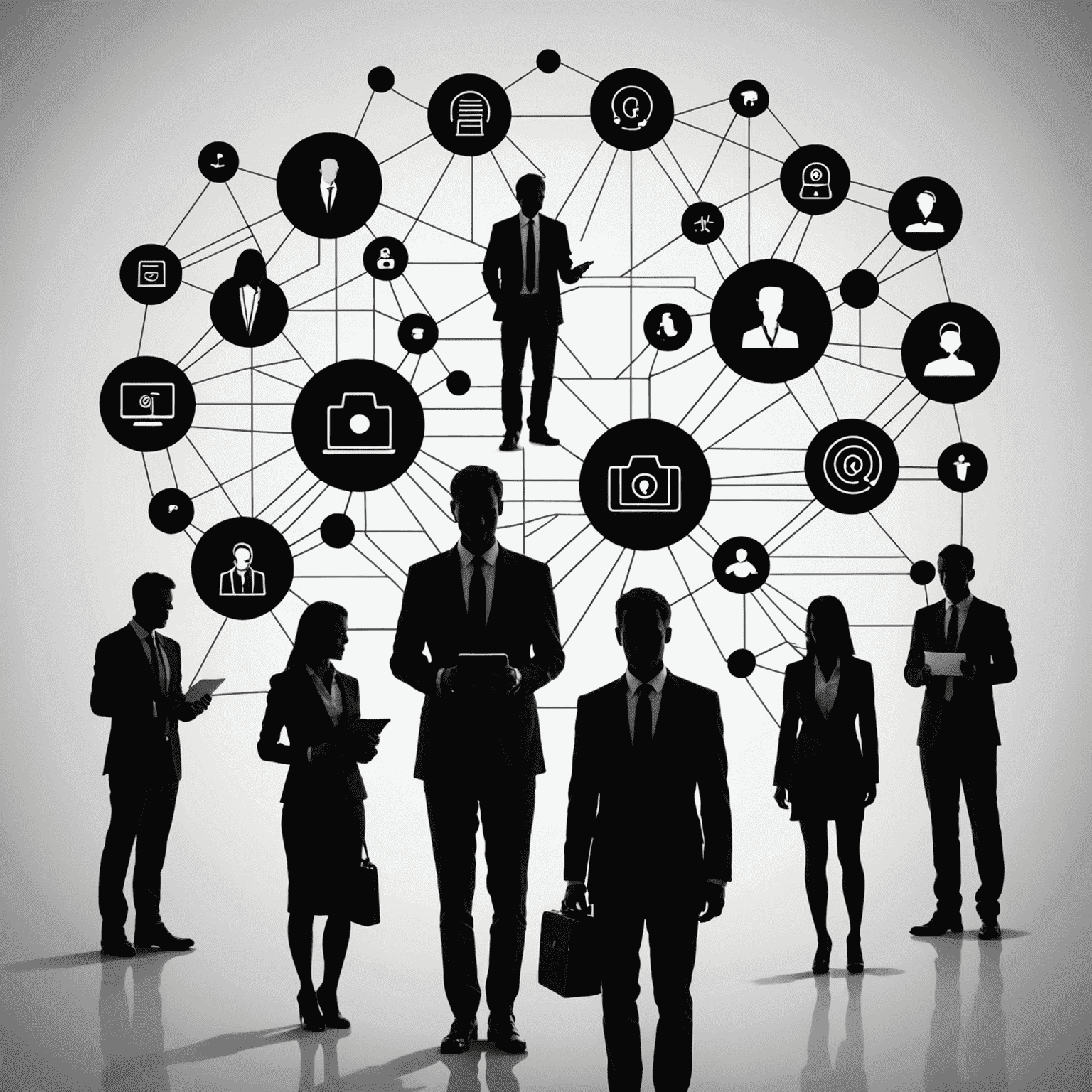 Business people silhouettes with connected devices, representing corporate mobile management